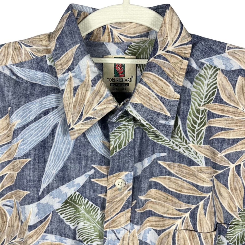 Tori Richard Button Up Shirt Men Large Blue Tropical Leaf Made in Hawaii